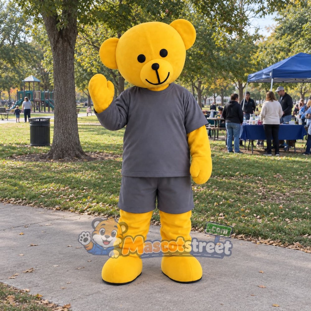 Yellow Bear Mascot Costume with Gray Shirt and Shorts