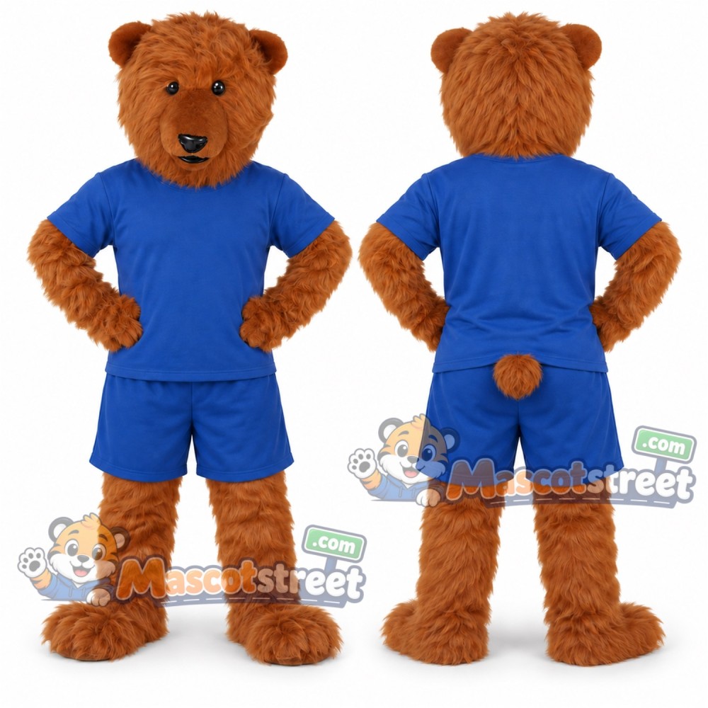 Brown Bear Mascot Costume with Blue Shirt and Shorts