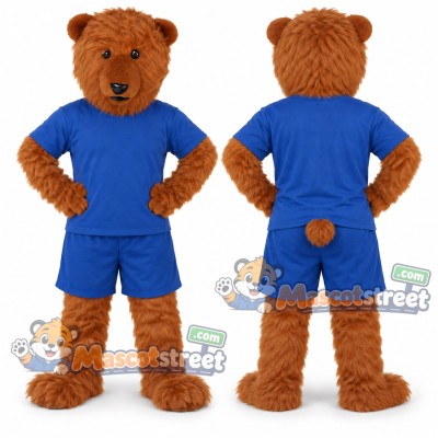 Brown Bear Mascot Costume with Blue Shirt and Shorts