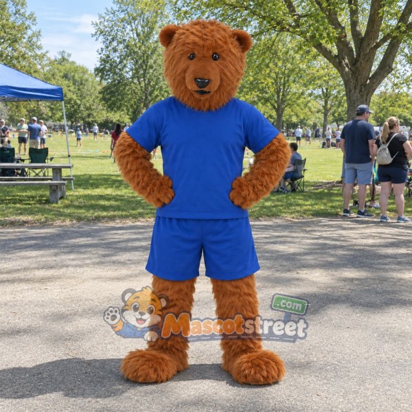 Brown Bear Mascot Costume with Blue Shirt and Shorts
