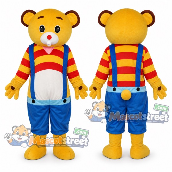 Yellow Bear Mascot Costume with Striped Shirt and Blue Overalls