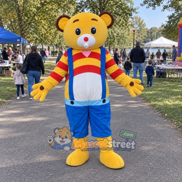 Yellow Bear Mascot Costume with Striped Shirt and Blue Overalls