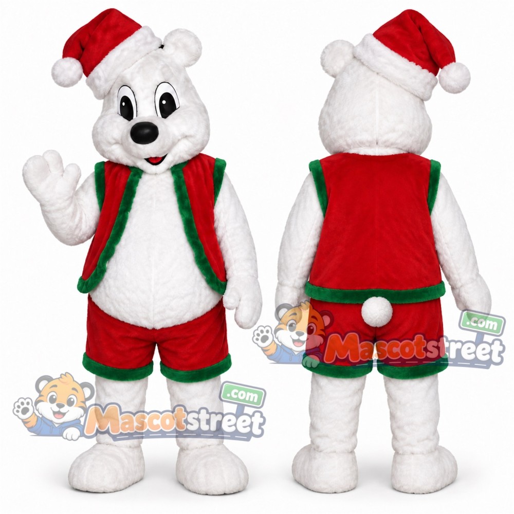 White Polar Bear Mascot Costume with Red Christmas Vest, Red Shorts and Santa Hat