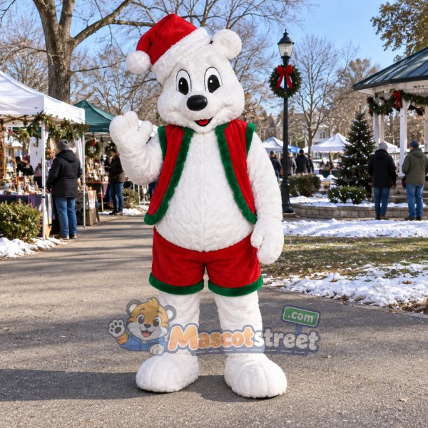 White Polar Bear Mascot Costume with Red Christmas Vest, Red Shorts and Santa Hat