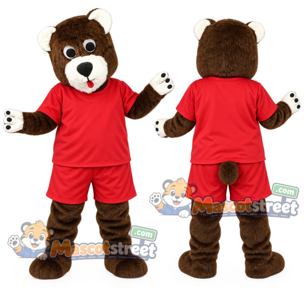 Brown Bear Mascot Costume with Red Shirt and Shorts