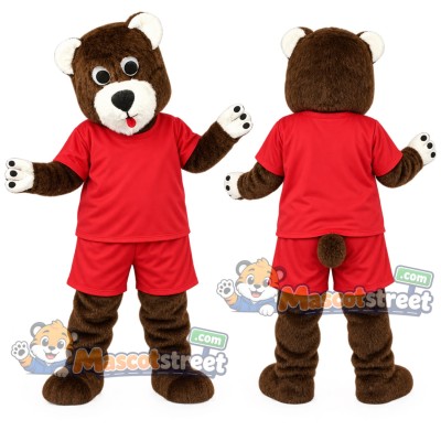 Brown Bear Mascot Costume with Red Shirt and Shorts