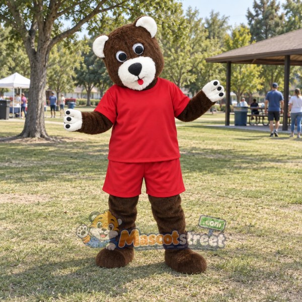 Brown Bear Mascot Costume with Red Shirt and Shorts