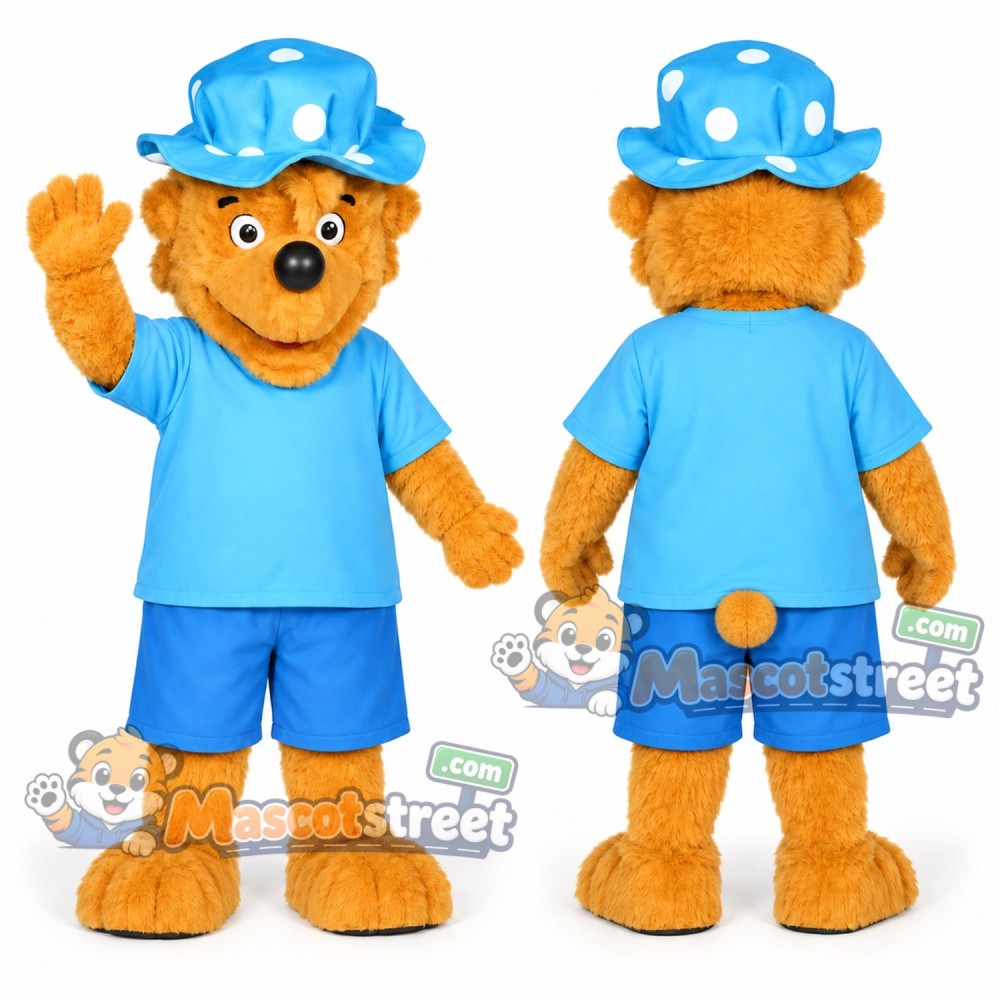 Golden Bear Mascot Costume with Light Blue Shirt, Blue Shorts and Blue Hat Golden Bear Mascot Costume with Light Blue Shirt, Blue Shorts and Blue Hat