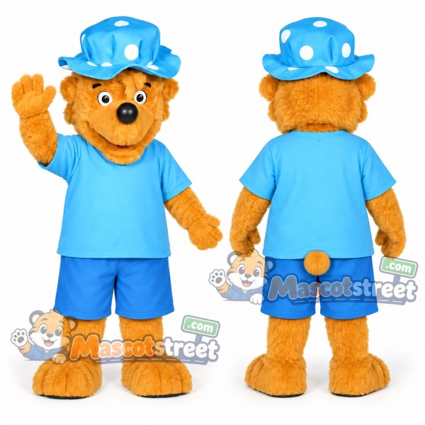 Golden Bear Mascot Costume with Light Blue Shirt, Blue Shorts and Blue Hat