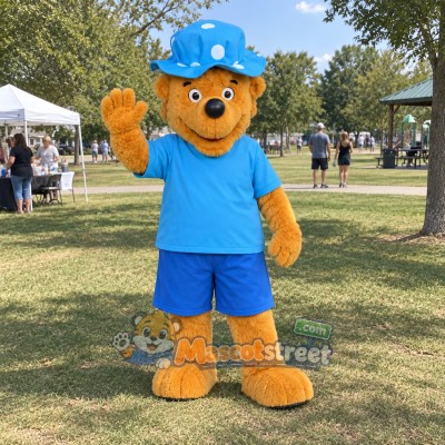 Golden Bear Mascot Costume with Light Blue Shirt, Blue Shorts and Blue Hat Golden Bear Mascot Costume with Light Blue Shirt, Blue Shorts and Blue Hat