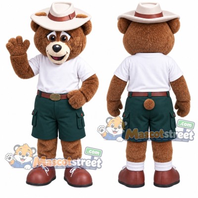 Brown Bear Mascot Costume with White Shirt, Green Shorts and Safari Hat