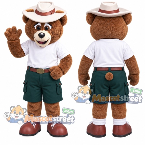 Brown Bear Mascot Costume with White Shirt, Green Shorts and Safari Hat