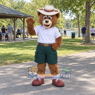 Brown Bear Mascot Costume with White Shirt, Green Shorts and Safari Hat