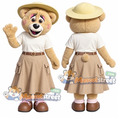 Tan Bear Mascot Costume with Cream Shirt, Beige Skirt and Safari Hat Tan Bear Mascot Costume with Cream Shirt, Beige Skirt and Safari Hat