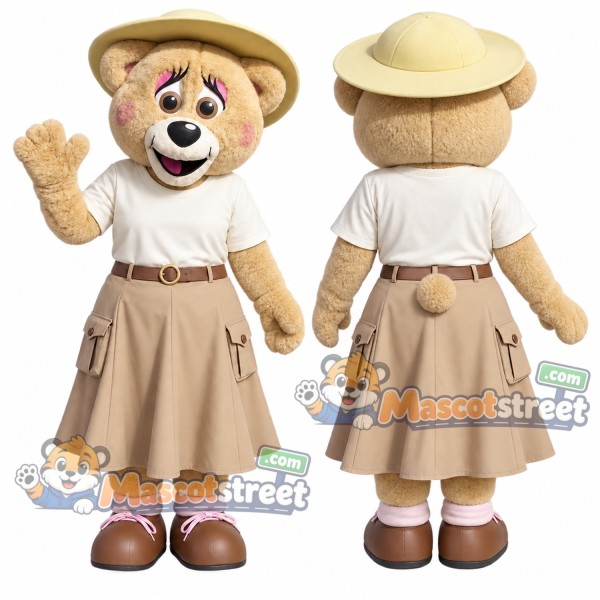 Tan Bear Mascot Costume with Cream Shirt, Beige Skirt and Safari Hat