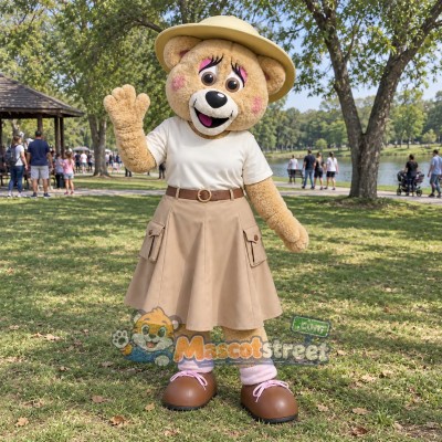Tan Bear Mascot Costume with Cream Shirt, Beige Skirt and Safari Hat Tan Bear Mascot Costume with Cream Shirt, Beige Skirt and Safari Hat