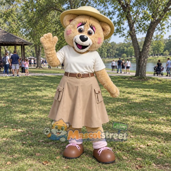 Tan Bear Mascot Costume with Cream Shirt, Beige Skirt and Safari Hat