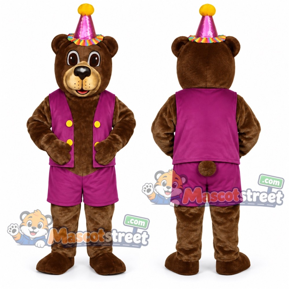 Brown Bear Mascot Costume with Purple Vest, Purple Shorts and Party Hat