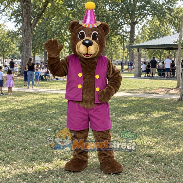 Brown Bear Mascot Costume with Purple Vest, Purple Shorts and Party Hat