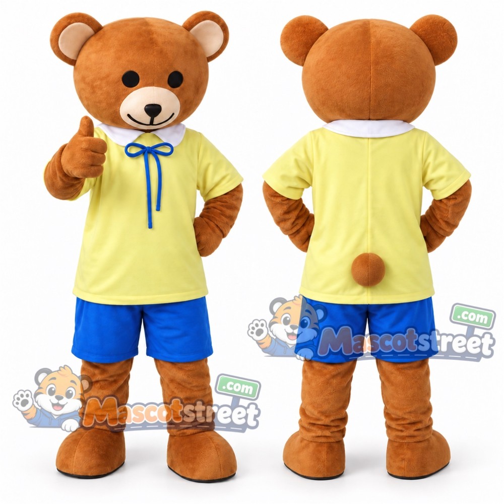 Brown Bear Mascot Costume with Yellow Shirt and Blue Shorts
