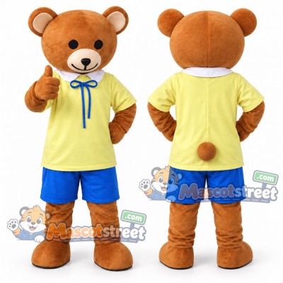 Brown Bear Mascot Costume with Yellow Shirt and Blue Shorts