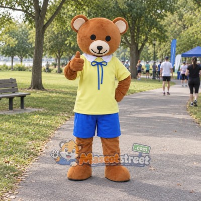 Brown Bear Mascot Costume with Yellow Shirt and Blue Shorts