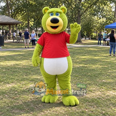 Green Bear Mascot Costume with Red Shirt