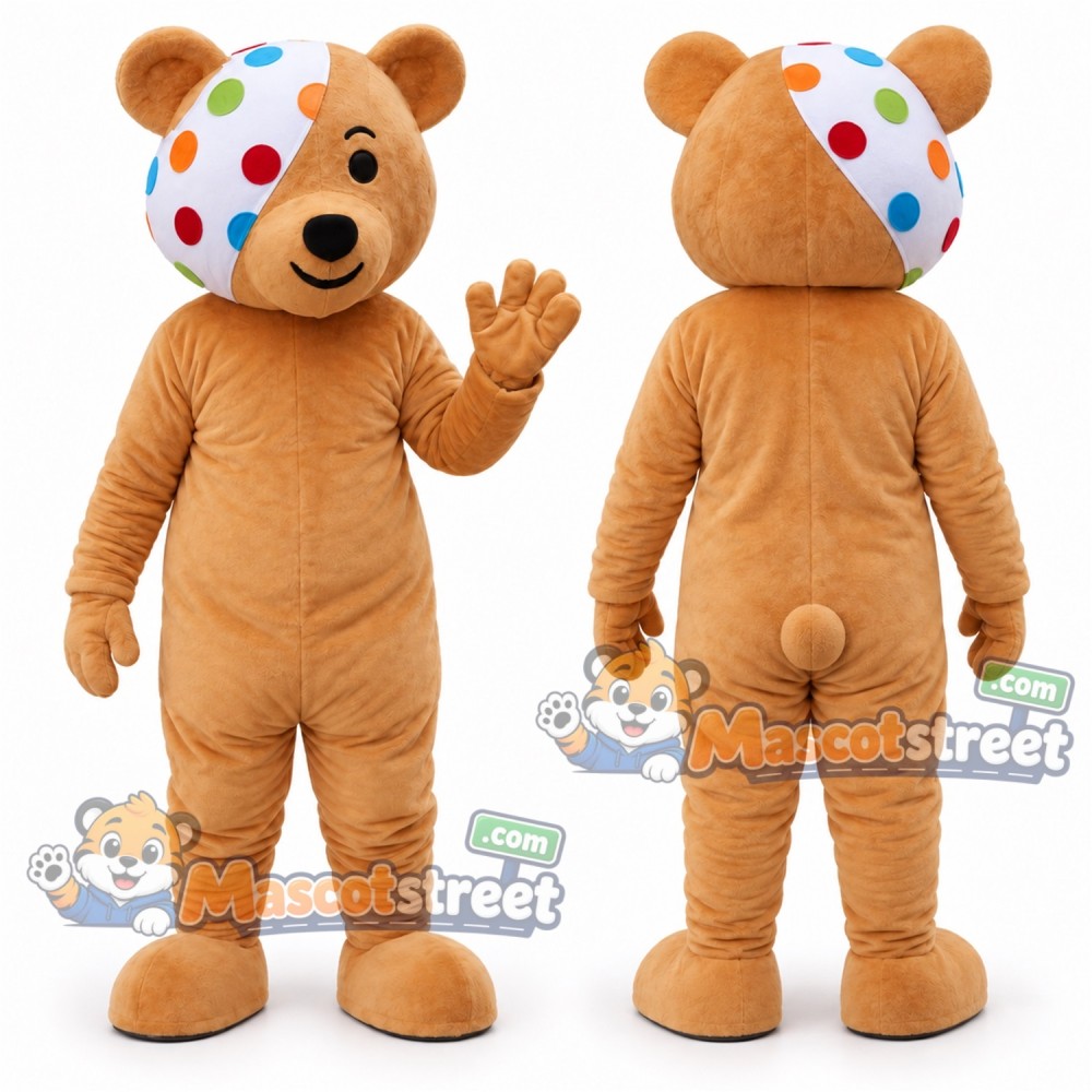 Tan Bear Mascot Costume with Polka Dot Eye Bandage Tan Bear Mascot Costume with Polka Dot Eye Bandage