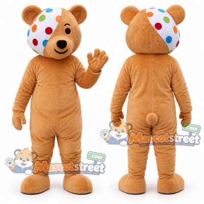 Tan Bear Mascot Costume with Polka Dot Eye Bandage Tan Bear Mascot Costume with Polka Dot Eye Bandage