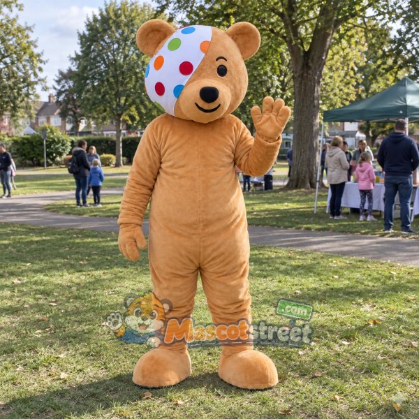 Tan Bear Mascot Costume with Polka Dot Eye Bandage