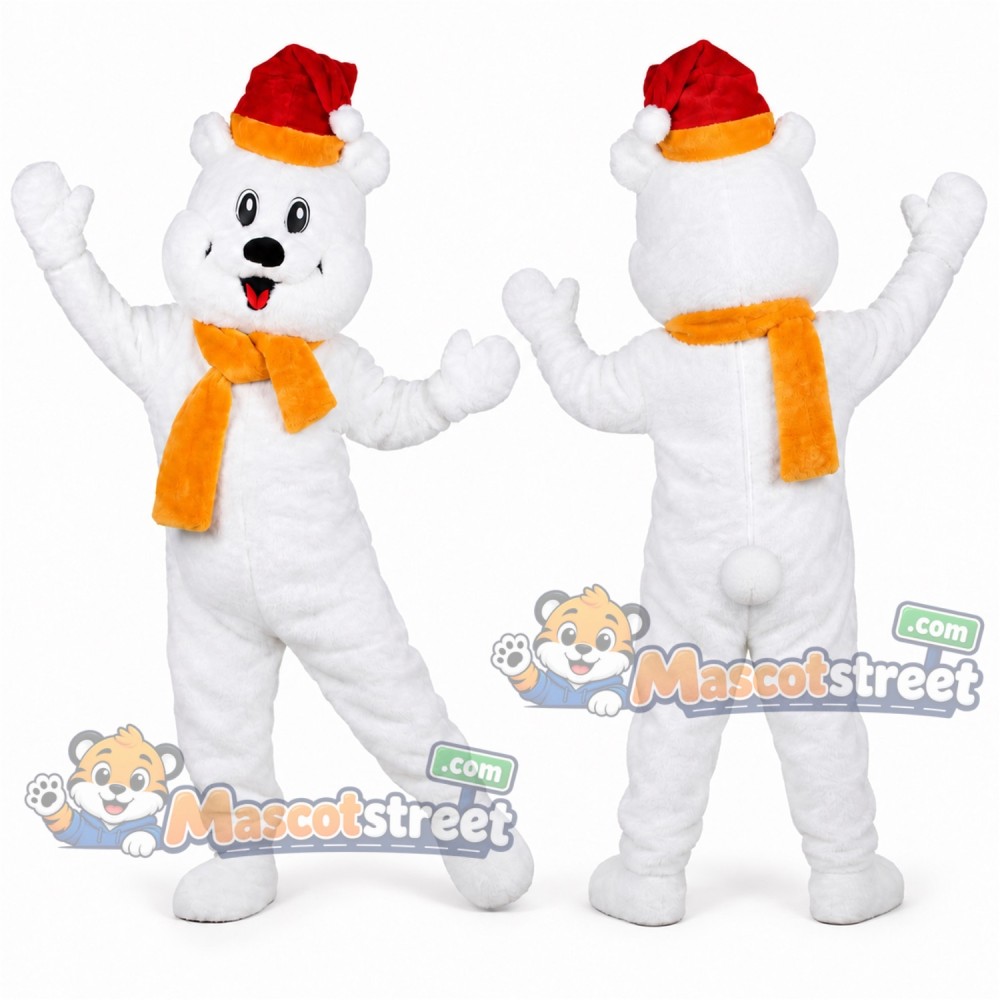 White Polar Bear Mascot Costume with Orange Scarf and Santa Hat White Polar Bear Mascot Costume with Orange Scarf and Santa Hat