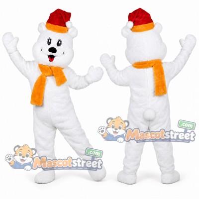 White Polar Bear Mascot Costume with Orange Scarf and Santa Hat White Polar Bear Mascot Costume with Orange Scarf and Santa Hat
