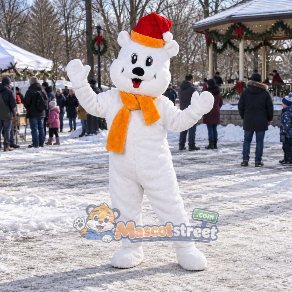 White Polar Bear Mascot Costume with Orange Scarf and Santa Hat White Polar Bear Mascot Costume with Orange Scarf and Santa Hat