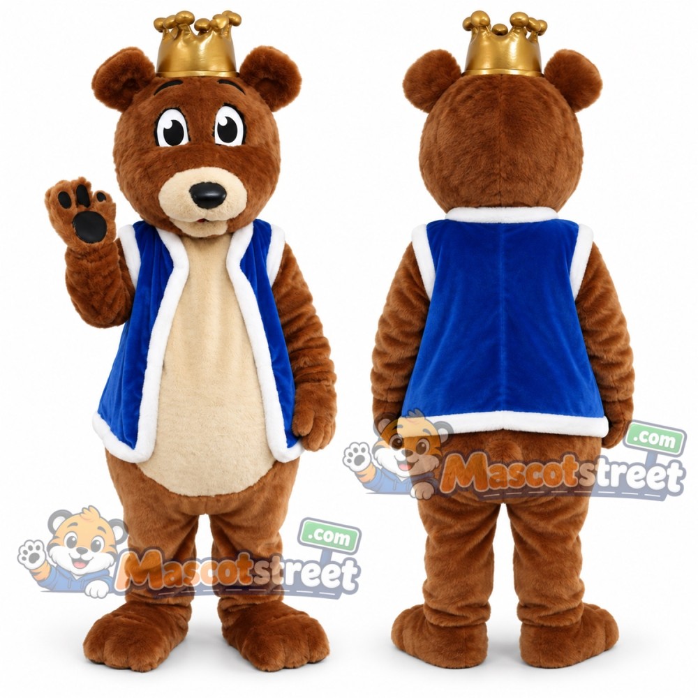Brown Bear King Mascot Costume with Blue Cape and Crown Brown Bear King Mascot Costume with Blue Cape and Crown