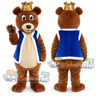 Brown Bear King Mascot Costume with Blue Cape and Crown Brown Bear King Mascot Costume with Blue Cape and Crown