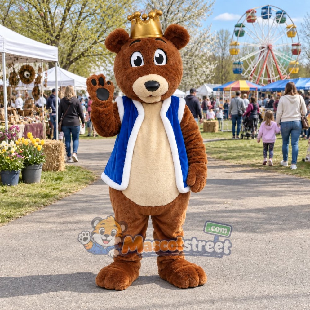 Brown Bear King Mascot Costume with Blue Cape and Crown Brown Bear King Mascot Costume with Blue Cape and Crown