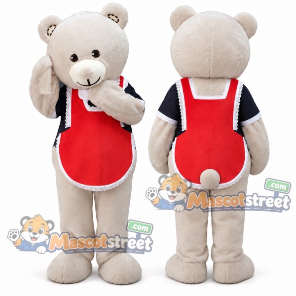 Cream Bear Mascot Costume with Red Apron and Navy Shirt