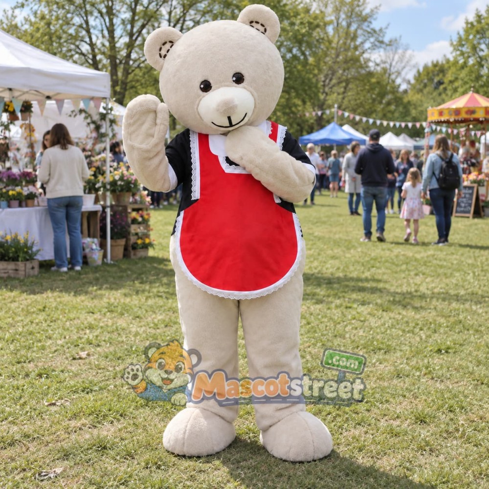 Cream Bear Mascot Costume with Red Apron and Navy Shirt