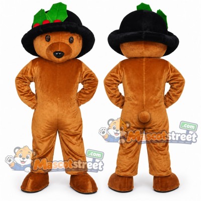 Brown Bear Mascot Costume with Black Hat
