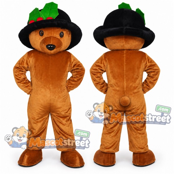 Brown Bear Mascot Costume with Black Hat