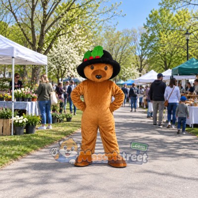 Brown Bear Mascot Costume with Black Hat