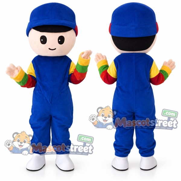 Boy Mascot Costume with Blue Overalls, Striped Sleeves and Blue Cap