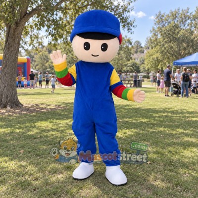 Boy Mascot Costume with Blue Overalls, Striped Sleeves and Blue Cap Boy Mascot Costume with Blue Overalls, Striped Sleeves and Blue Cap