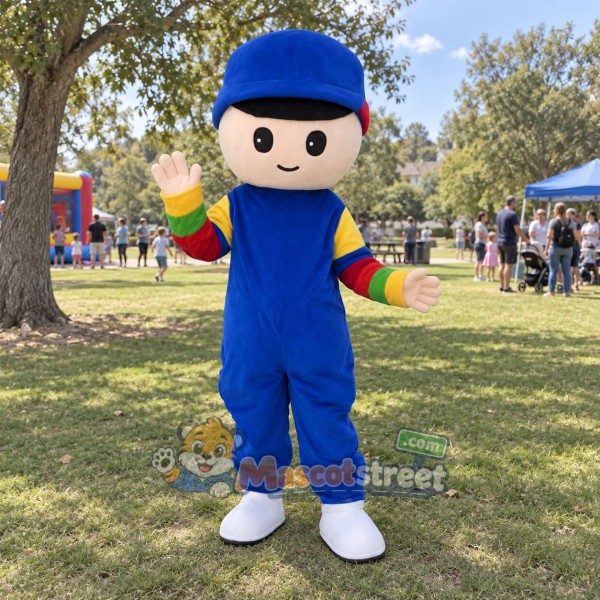 Boy Mascot Costume with Blue Overalls, Striped Sleeves and Blue Cap