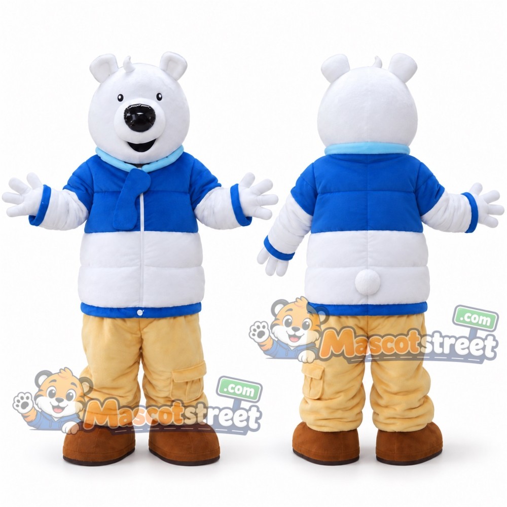 White Polar Bear Mascot Costume with Blue and White Jacket and Beige Pants White Polar Bear Mascot Costume with Blue and White Jacket and Beige Pants