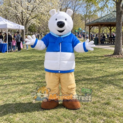 White Polar Bear Mascot Costume with Blue and White Jacket and Beige Pants White Polar Bear Mascot Costume with Blue and White Jacket and Beige Pants