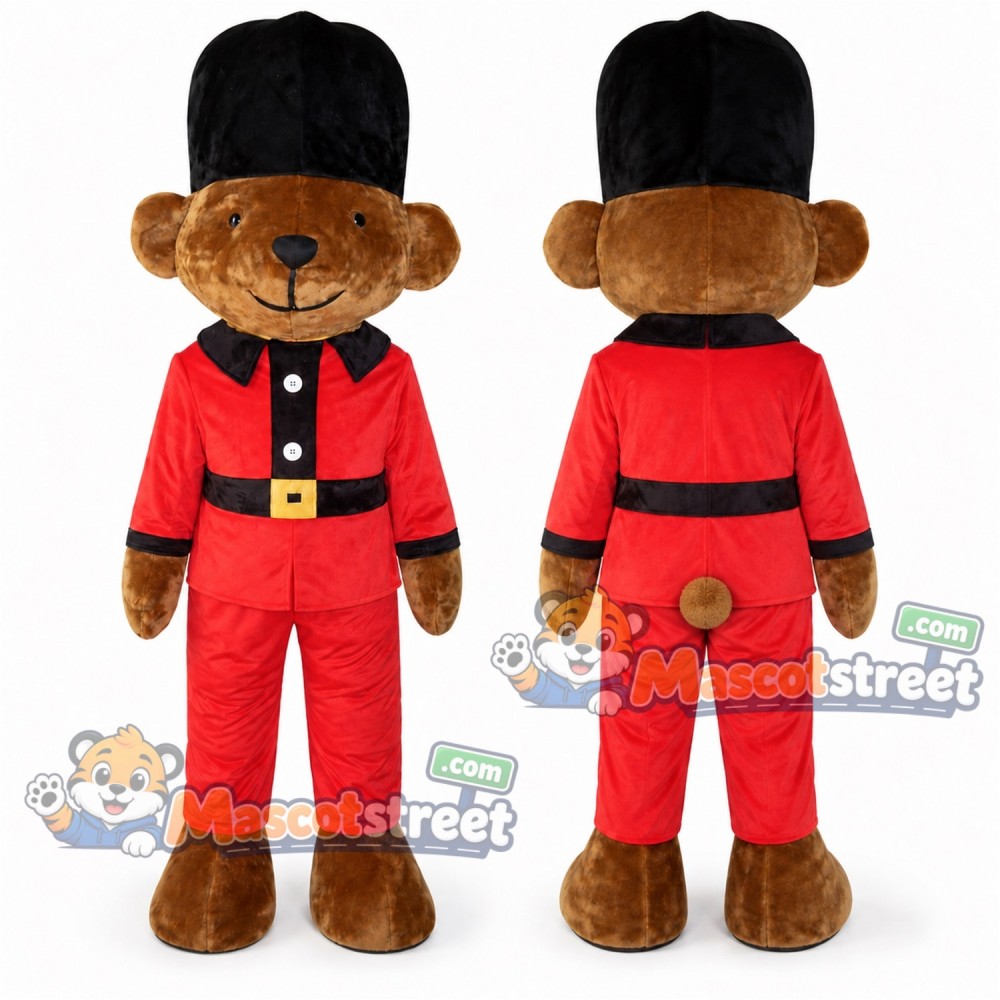 Brown Bear Guard Mascot Costume with Red Uniform and Tall Black Hat Brown Bear Guard Mascot Costume with Red Uniform and Tall Black Hat