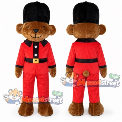 Brown Bear Guard Mascot Costume with Red Uniform and Tall Black Hat Brown Bear Guard Mascot Costume with Red Uniform and Tall Black Hat