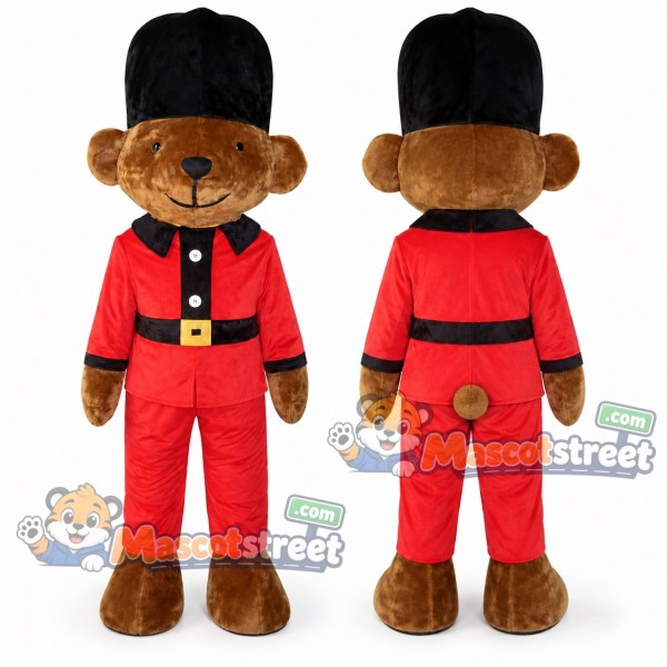Brown Bear Guard Mascot Costume with Red Uniform and Tall Black Hat