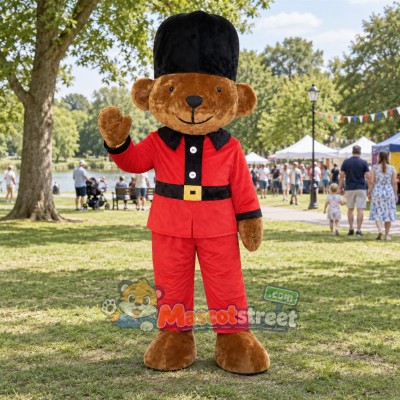 Brown Bear Guard Mascot Costume with Red Uniform and Tall Black Hat Brown Bear Guard Mascot Costume with Red Uniform and Tall Black Hat